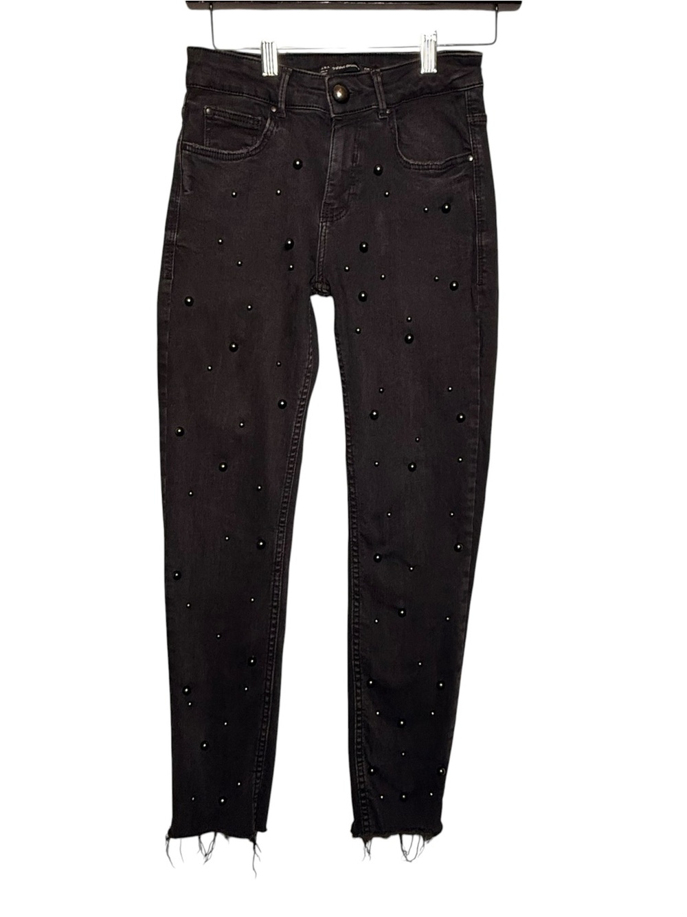 Zara Trafaluc Black Pearl Embellished Skinny Jeans Raw Hem Stretch Denim Size 4